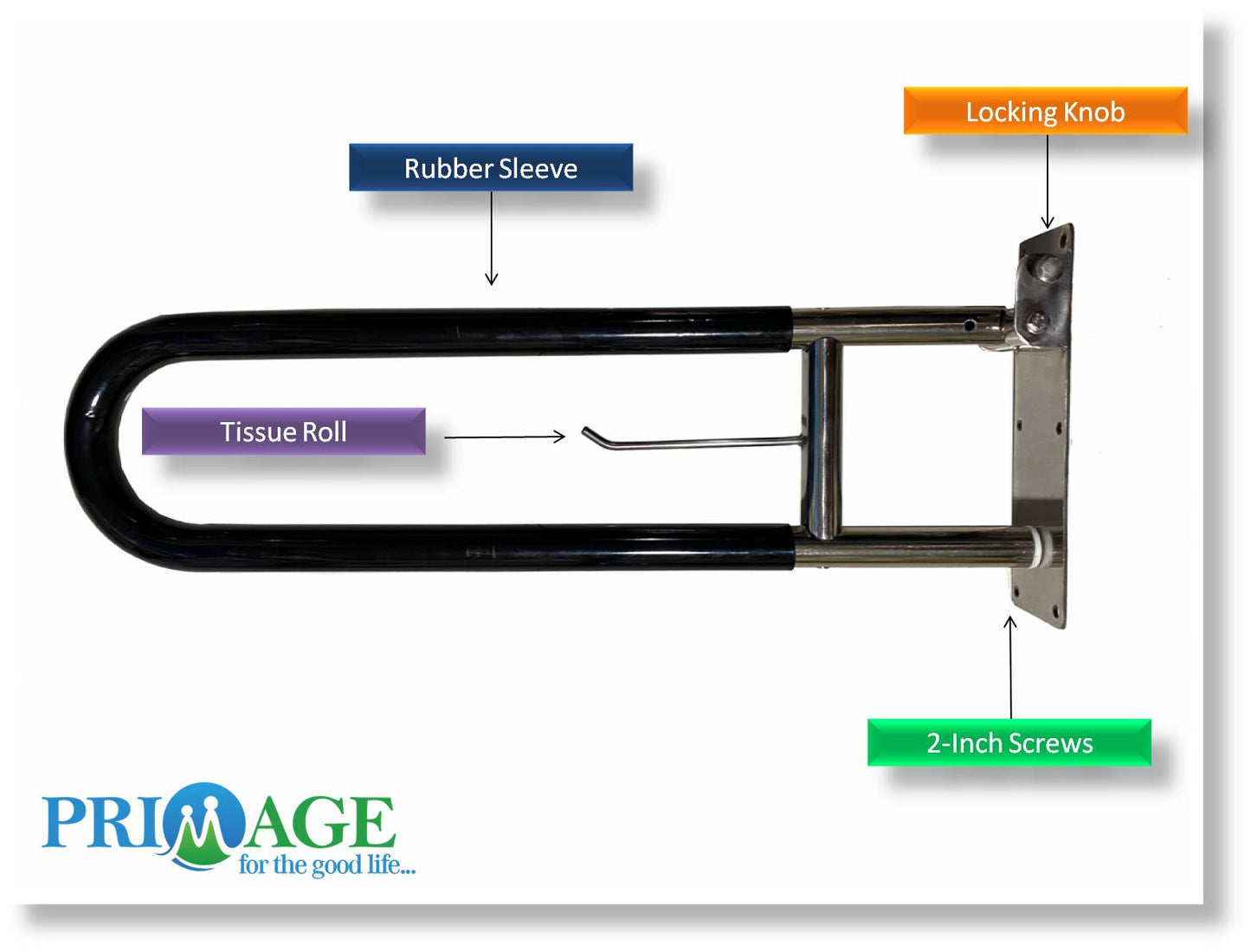 Stainless Steel Swing-up Toilet Grab Bar Rails and Arm Support with Rubber Sleeve - 24 Inch