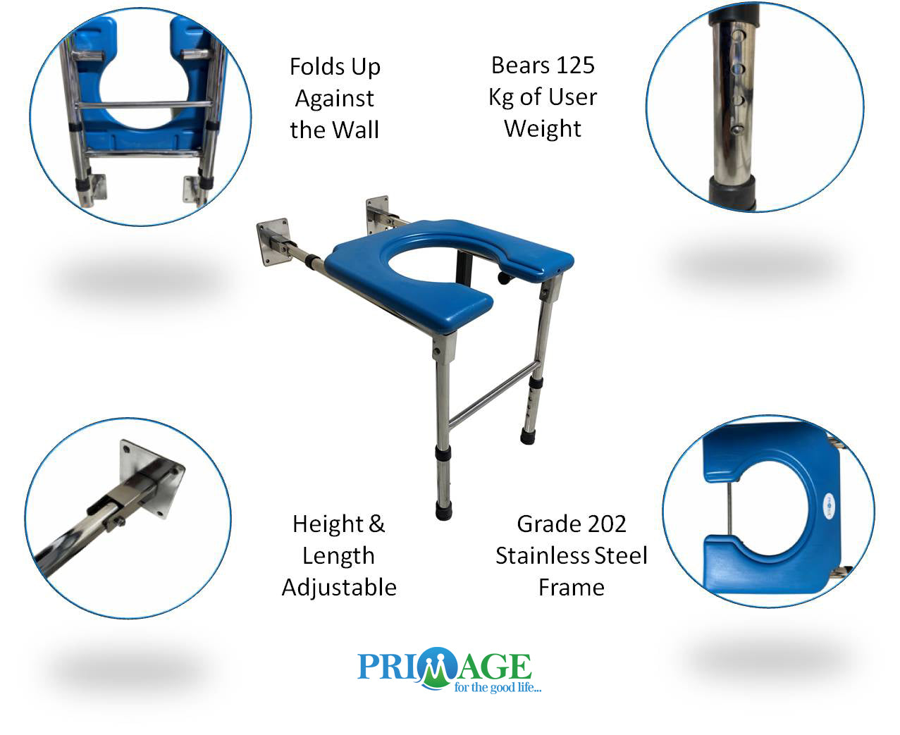 Stainless Steel Heavy Duty Height & Length Adjustable Wall Mounted Indian Conversion Commode Chair